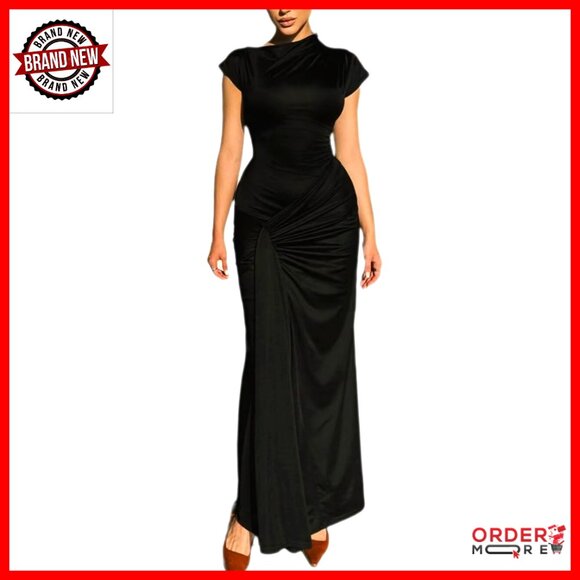 Bodycon Maxi Dress Mock Neck Lace Up Ruched Short Sleeve Elegant Cocktail Party